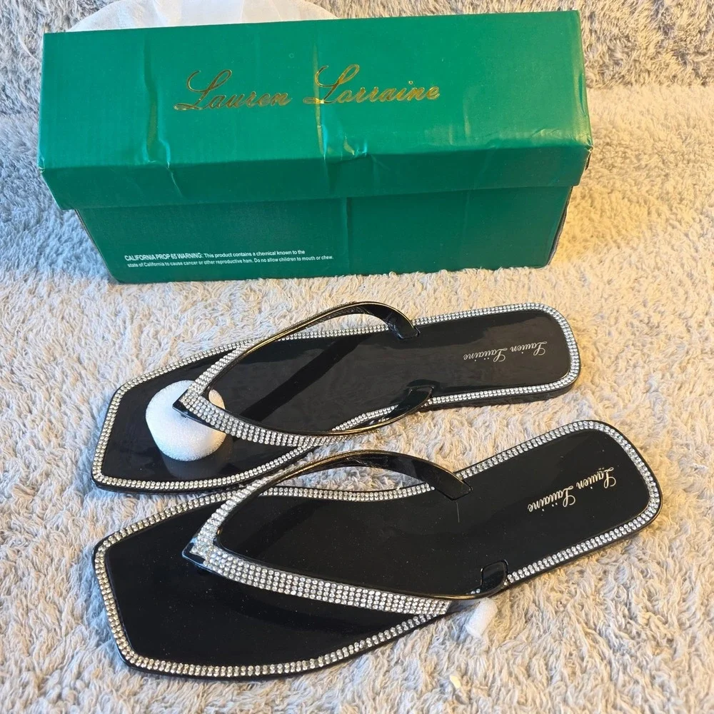 Lauren Lorraine Black Rhinestone Thong Flip Flop‎ Jelly Sandals Size 6 NEW